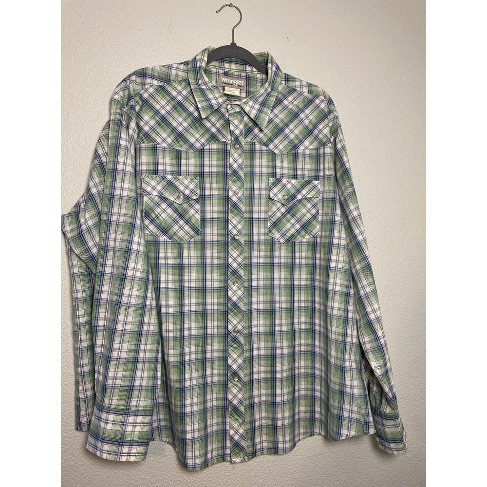 Wrangler Wrancher Pearl‎ Snap Shirt Men 2XL Western Cowboy Green Flannel Plaid